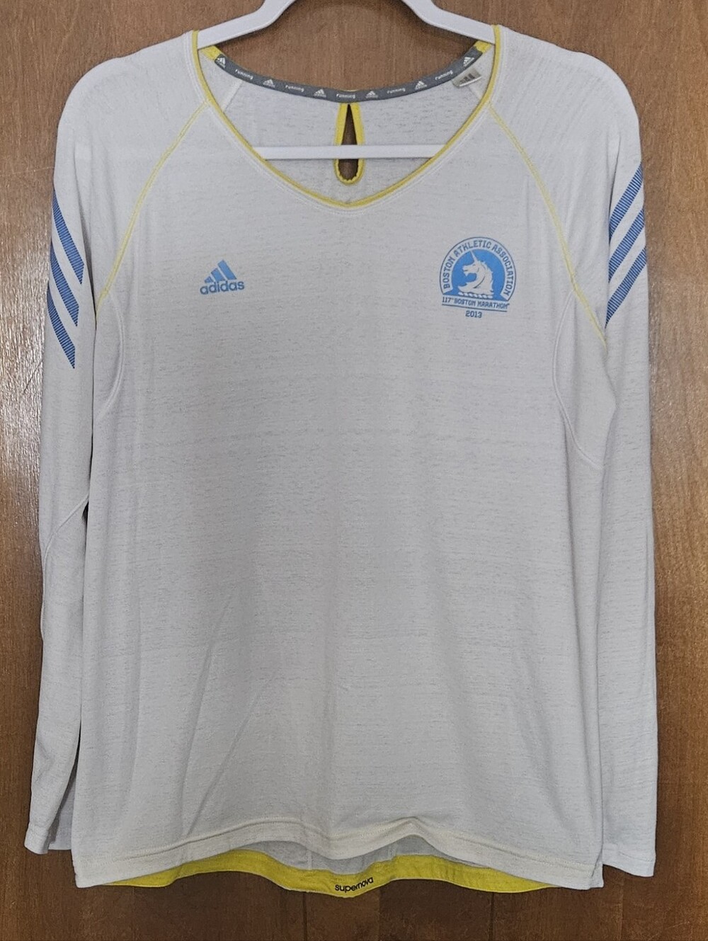 Adidas Boston Marathon Long Sleeve Running Top - White with Light Blue Accents